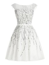Customized Scoop Mini Length White Dress for Prom Organza Cap Sleeves Beading