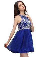 Spectacular Column/Sheath Dress for Prom Royal Blue Scoop Organza Sleeveless Mini Length Zipper