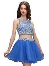 Most Popular Scoop Blue Organza Zipper Prom Evening Gown Sleeveless Mini Length Beading