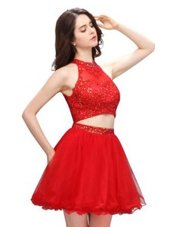 Luxury Coral Red High-neck Zipper Beading Prom Party Dress Sleeveless