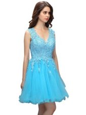 New Style Baby Blue Prom Party Dress Prom and Party and For with Beading and Appliques V-neck Sleeveless Backless
