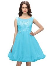Artistic Knee Length Baby Blue Evening Dress Organza Sleeveless Beading and Appliques