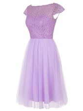 Nice Tulle Cap Sleeves Knee Length Prom Dress and Beading