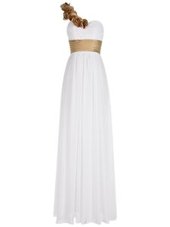 Vintage One Shoulder Sleeveless Floor Length Ruching Zipper Going Out Dresses with White
