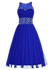 Eye-catching Scoop Royal Blue Column/Sheath Beading Prom Party Dress Zipper Tulle Sleeveless Knee Length