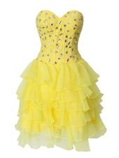 Mini Length Zipper Cocktail Dress Yellow and In for Prom and Party with Beading and Ruffled Layers