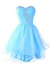 Trendy Sweetheart Sleeveless Prom Evening Gown Mini Length Beading and Ruffled Layers Aqua Blue Organza