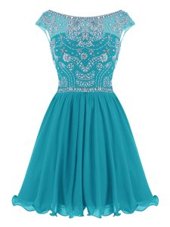 Scoop Cap Sleeves Prom Evening Gown Mini Length Beading Teal Chiffon