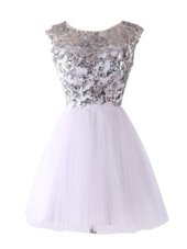 Flare Tulle Scoop Cap Sleeves Backless Sequins Evening Dresses in White