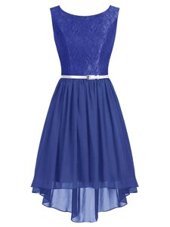 Inexpensive Scoop Sleeveless High Low Lace and Belt Side Zipper Prom Dress with Navy Blue
