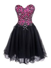 Hot Selling Mini Length Pink And Black Evening Dresses Tulle Sleeveless Beading and Lace