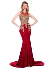 Classical Scoop Lace and Appliques Prom Dresses Red Side Zipper Sleeveless With Brush Train