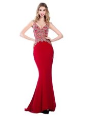 Graceful Watermelon Red Mermaid V-neck Sleeveless Silk Like Satin With Brush Train Backless Beading Dress for Prom