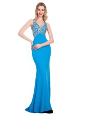 V-neck Sleeveless Clasp Handle Dress for Prom Baby Blue Silk Like Satin