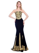 Fancy Gold Mermaid Strapless Sleeveless Satin With Train Sweep Train Zipper Appliques Evening Dress