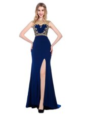 Trendy Beading and Appliques Womens Evening Dresses Navy Blue Zipper Sleeveless With Train Sweep Train