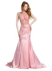 Suitable Mermaid Scoop Sleeveless Prom Dress With Brush Train Beading Baby Pink Silk Like Satin