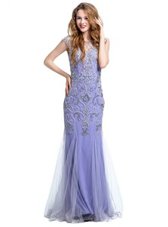 Custom Designed Mermaid Lilac Scoop Neckline Beading Evening Dress Cap Sleeves Side Zipper