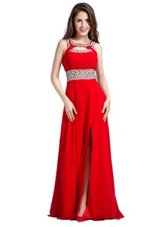 Adorable Red Silk Like Satin Zipper Prom Gown Sleeveless Floor Length Beading