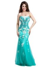 On Sale Mermaid Turquoise Sleeveless Beading and Appliques Floor Length Pageant Dress Womens