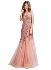 Customized Mermaid Tulle One Shoulder Sleeveless Side Zipper Beading Prom Evening Gown in Baby Pink