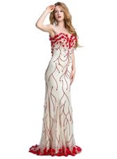 High End Scoop Red Clasp Handle Prom Party Dress Hand Made Flower Sleeveless With Train Sweep Train