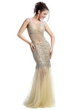 Sophisticated Mermaid Beading Prom Gown Champagne Backless Sleeveless Floor Length