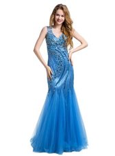 Modern Mermaid Baby Blue Sleeveless Floor Length Beading and Appliques Zipper Prom Evening Gown