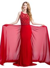 Artistic Scoop Sleeveless Formal Dresses With Train Court Train Beading Red Silk Like Satin