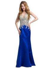Trendy Navy Blue Sleeveless Beading Floor Length Dress for Prom