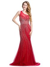 Custom Design Red One Shoulder Neckline Beading Prom Dress Sleeveless Zipper