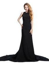 Best Black Chiffon Zipper Scoop Sleeveless With Train Prom Party Dress Brush Train Beading and Lace
