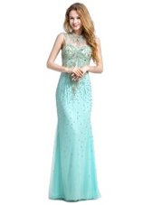Stunning Beading Dress for Prom Turquoise Zipper Sleeveless With Brush Train