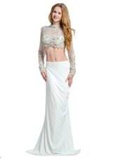 Sexy White Evening Dress Prom and Party and For with Beading and Lace and Appliques High-neck Long Sleeves Brush Train Backless