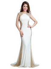 Dynamic Scoop With Train Backless Prom Dress White and In for Prom and Party with Beading Brush Train