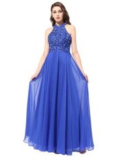 Exceptional Halter Top Sleeveless Floor Length Beading and Lace Blue Chiffon