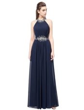 Most Popular Scoop Navy Blue Sleeveless Chiffon Side Zipper Prom Dress for Prom and Party
