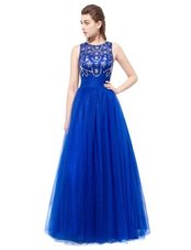 Scoop Sleeveless Floor Length Beading Backless Prom Evening Gown with Royal Blue
