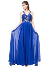 Fashion Royal Blue Criss Cross V-neck Beading Prom Party Dress Chiffon Sleeveless Sweep Train