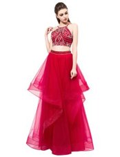 Delicate Floor Length Two Pieces Sleeveless Red Prom Evening Gown Zipper