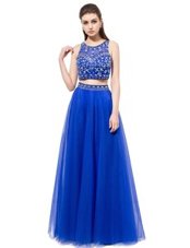 Inexpensive Scoop Royal Blue Two Pieces Beading Prom Gown Lace Up Tulle Sleeveless Floor Length