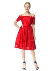 Custom Design Lace Off The Shoulder Sleeveless Zipper Lace Prom Gown in Red