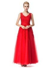 Suitable Sleeveless Tulle Floor Length Lace Up Prom Gown in Red for with Beading and Appliques