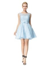 Pretty Scoop Baby Blue Sleeveless Lace Zipper Teens Party Dress for Prom and Party