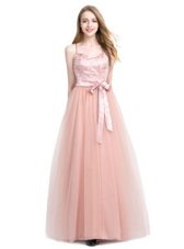Shining Beading Prom Evening Gown Pink Zipper Sleeveless Floor Length