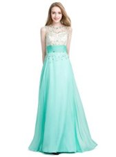 Glamorous Scoop Beading Prom Dress Turquoise Zipper Sleeveless Floor Length