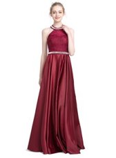 Sweet Halter Top Sleeveless Floor Length Beading and Lace Zipper Evening Dresses with Burgundy