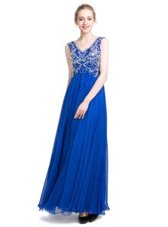 Attractive V-neck Sleeveless Prom Evening Gown Ankle Length Beading Royal Blue Chiffon