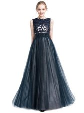 Tulle Scalloped Sleeveless Zipper Beading and Lace Military Ball Gowns in Black