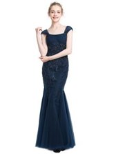 Artistic Mermaid Cap Sleeves Tulle Floor Length Zipper Dress for Prom in Navy Blue for with Beading